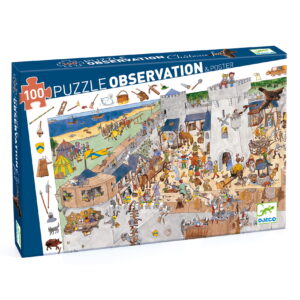 Puzzle 100 elementów z ilustracją oblężonego zamku i postaciami dla dzieci. Djeco Puzzle Obserwacja Oblężony Zamek