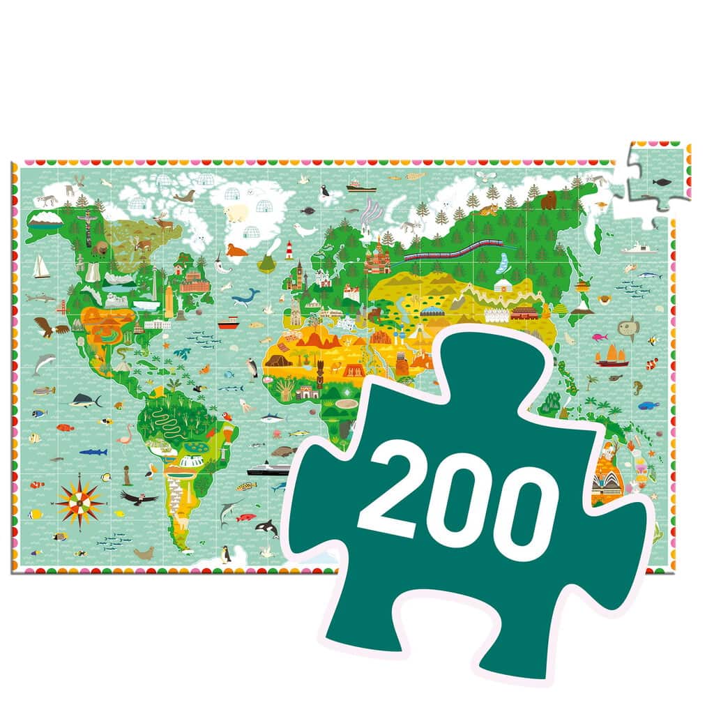 Puzzle tradycyjne 200 elementów mapa świata z ilustracjami budowli dla dzieci 8 lat i więcej. Djeco Puzzle Tekt. BUDOWLE ŚWIATA z Książeczką 8 lat+