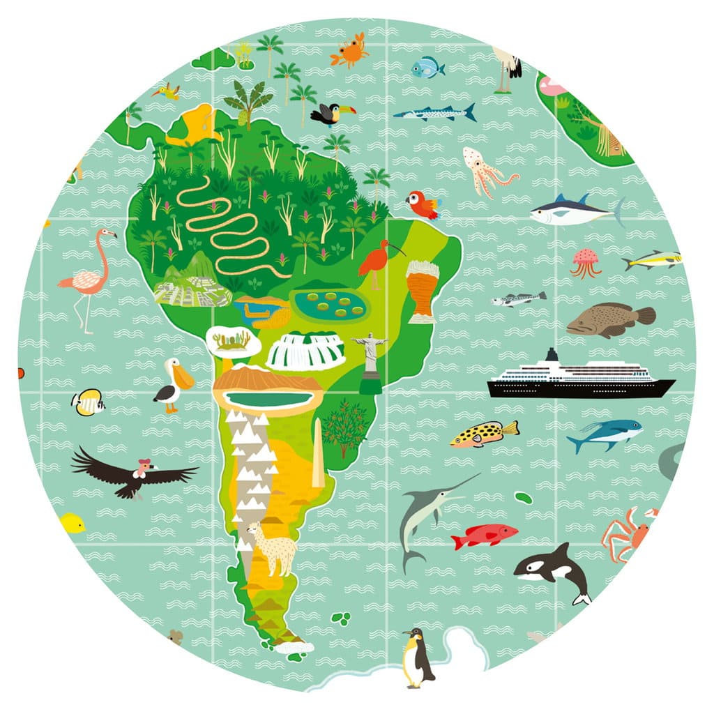 Okrągłe puzzle z mapą Ameryki Południowej z ilustracjami zwierząt i statku dla dzieci powyżej 8 lat. Djeco Puzzle Tekt. BUDOWLE ŚWIATA z Książeczką 8 lat+