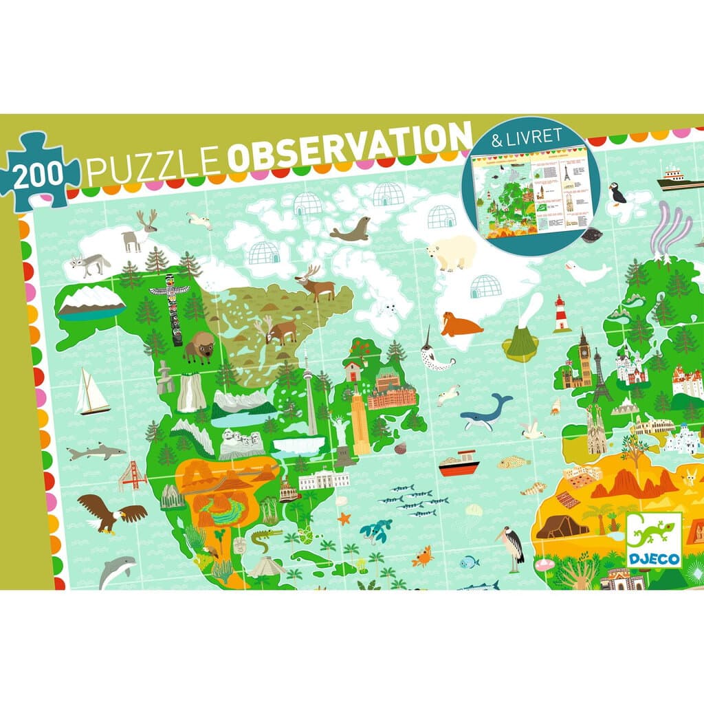 Puzzle tradycyjne mapa świata z ilustracjami zwierząt i budowli dla dzieci powyżej 8 lat. Djeco Puzzle Tekt. BUDOWLE ŚWIATA z Książeczką 8 lat+