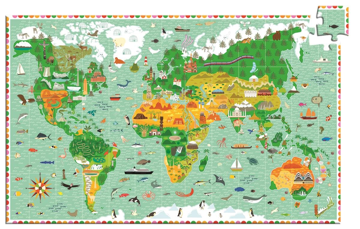 Puzzle tradycyjne mapa świata z ilustracjami budowli i zwierząt dla dzieci 8 lat plus. Djeco Puzzle Tekt. BUDOWLE ŚWIATA z Książeczką 8 lat+