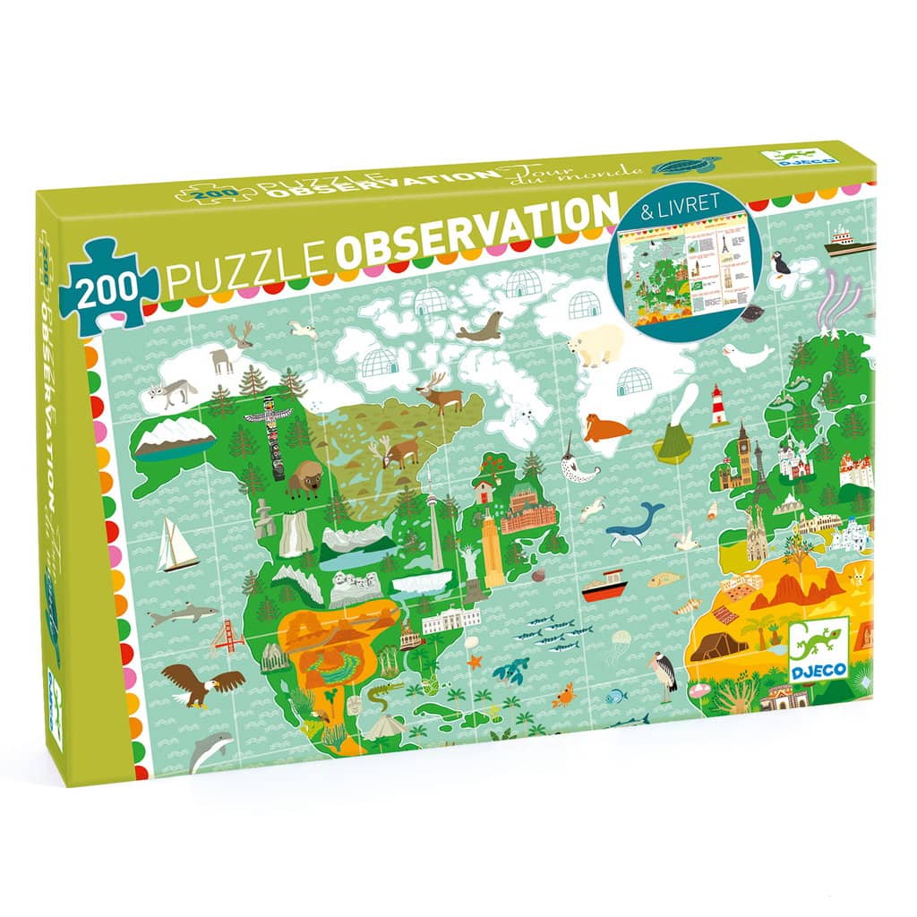 Puzzle tradycyjne 200 elementów mapa świata z ilustracjami budowli i zwierząt dla dzieci powyżej 8 lat. Djeco Puzzle Tekt. BUDOWLE ŚWIATA z Książeczką 8 lat+