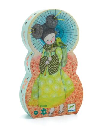 Puzzle tekturowe dla dzieci z ilustracją dziewczynki w zielonej sukience i papugą na ramieniu. Djeco Puzzle Tekturowe KOKEISHI +4 lat