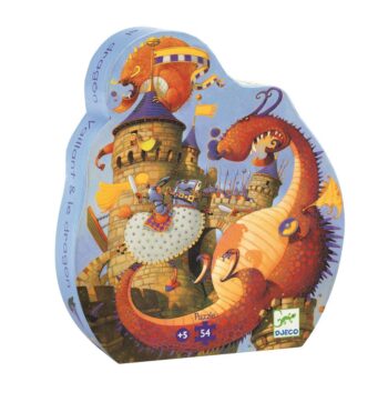 Puzzle tekturowe w kształcie smoka z ilustracją zamku i rycerza dla dzieci powyżej 5 lat 54 elementy. Djeco Puzzle tekturowe SMOK 54 el