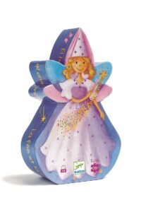 Puzzle tradycyjne w kształcie wróżki z różowo-niebieskimi skrzydłami i różową suknią dla dzieci. Djeco Puzzle w pudełku Wróżka i jednorożec