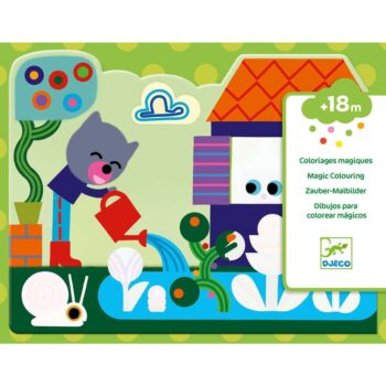Kolorowanka wodna z obrazkiem kota podlewającego rośliny w ogrodzie dla dzieci powyżej 18 miesięcy. Djeco Wodne Kolorowanki „Ukryte w Ogrodzie” 18 m-cy+