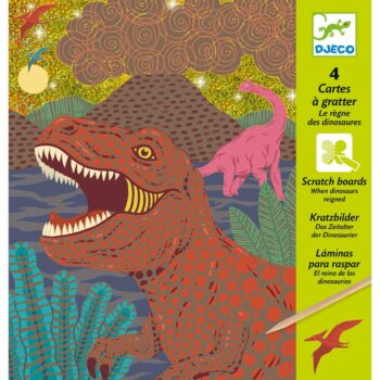 Wydrapywanka z motywem dinozaurów z czerwonym tyranozaurem i różowym dinozaurem na tle wulkanu dla dzieci. Djeco Wydrapywanka DINOZAURY