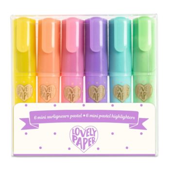 Zestaw 6 pastelowych mini zakreślaczy w kolorach żółtym pomarańczowym różowym fioletowym niebieskim zielonym. Djeco Zestaw 6 pastelowych mini zakreślaczy