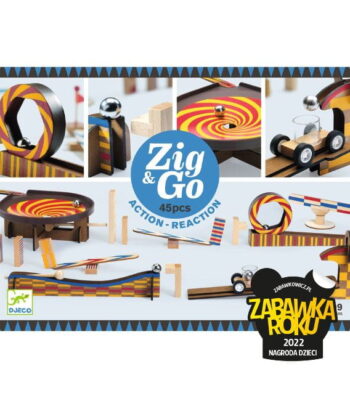 Drewniany zestaw kulodrom dla dzieci z elementami torów i samochodzikiem kolorowy. Djeco Zestaw Zig & Go-45 elementów