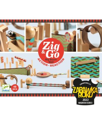 Drewniany zestaw kulodrom dla dzieci 48 elementów z torami i kulkami w naturalnych kolorach. Djeco Zestaw Zig & Go-48 elementów
