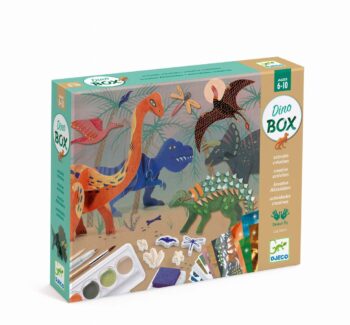 Zestaw artystyczny do tworzenia dinozaurów farby pędzel naklejki dla dzieci 6-10 lat. Djeco Zestaw artystyczny „ŚWIAT DINOZAURÓW” 6w1