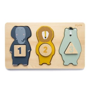 Drewniane puzzle z liczbami 1 2 3 w kształcie słonia lwa i niedźwiedzia dla dziecka. Trixie Baby Zwierzęta Drewniane Puzzle Z Liczbami