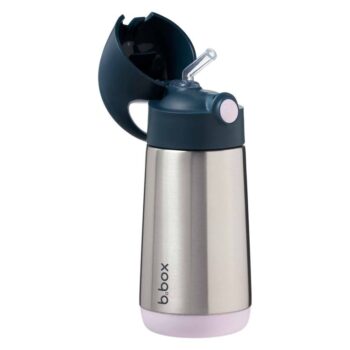 Bidon termiczny ze stali nierdzewnej z niebieską zakrętką i różowym spodem 350 ml dla dziecka. B.Box Bidon termiczny 350 ml, Indigo Rose