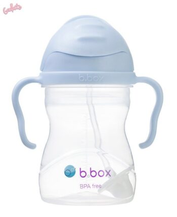 Bidon dla dziecka z niebieską nakrętką i uchwytami ze słomką przezroczysty z nadrukiem. B.Box Bidon ze słomką 240 ml, Gelato Bubblegum