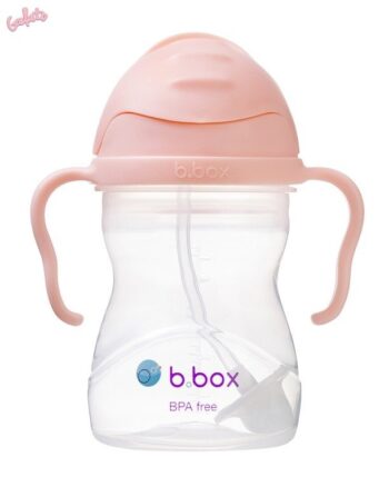 Bidon dla dziecka z przezroczystego plastiku z różową nakrętką i uchwytami oraz słomką wewnątrz. B.Box Bidon ze słomką 240 ml, Gelato Tutti Frutti
