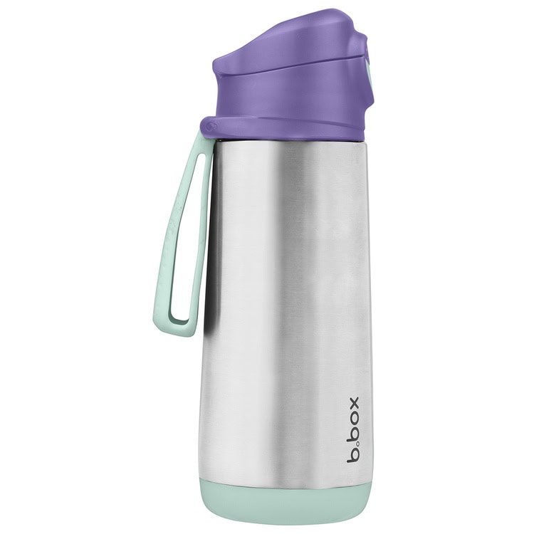 Butelka termiczna ze stali nierdzewnej z fioletową zakrętką i miętowym uchwytem dla dziecka. B.Box Butelka termiczna z ustnikiem sportowym 500 ml, Lilac Pop