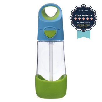 Butelka tritanowa z niebieską nakrętką i zielonym silikonowym spodem ze słomką 450 ml dla dziecka. B.Box Butelka tritanowa ze słomką 450 ml, Ocean Breeze