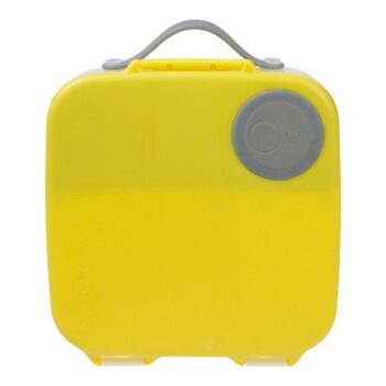 Żółta śniadaniówka z uchwytem i okrągłym szarym elementem dla dziecka. B.Box Lunchbox, Lemon Sherbet