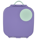 Fioletowa śniadaniówka z uchwytem i okrągłym zielonym elementem dla dziecka. B.Box Mini Lunchbox, Lilac Pop