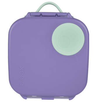 Fioletowa śniadaniówka z uchwytem i okrągłym zielonym elementem dla dziecka. B.Box Mini Lunchbox, Lilac Pop