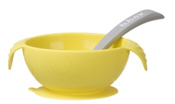 Żółta silikonowa miseczka z przyssawką i szara łyżeczka dla dziecka. B.Box Silikonowa miseczka z przyssawką i łyżeczką, Lemon Sherbet