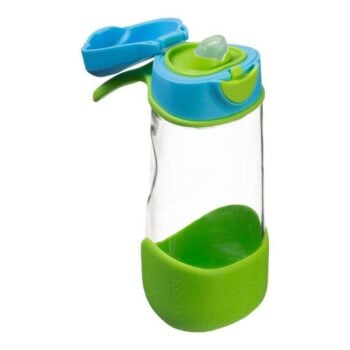 Sportowa butelka tritanowa 450 ml przezroczysta z niebiesko zielonym zamknięciem i uchwytem dla dziecka. B.Box Sportowa butelka tritanowa 450 ml, Ocean Breeze