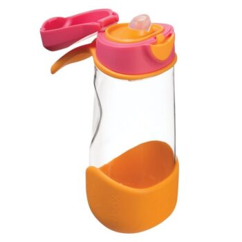 Sportowa butelka tritanowa 450 ml przezroczysta z pomarańczowym uchwytem i różową nakrętką z ustnikiem dla dziecka. B.Box Sportowa butelka tritanowa 450 ml, Strawberry Shake