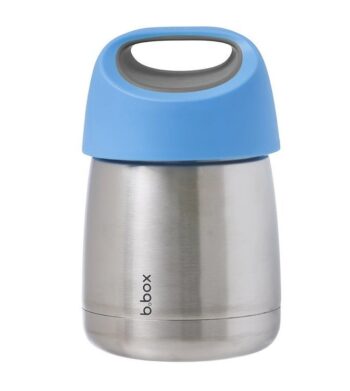 Termos na jedzenie stalowy z niebieską pokrywką z uchwytem dla dziecka. B.Box Termos na jedzenie 335 ml, Blue Slate