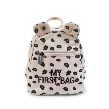 Dziecięcy plecak w panterkę z uszami beżowy z czarnymi plamkami dla dziecka. Childhome Plecak dziecięcy My First Bag Leopard
