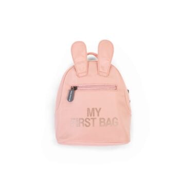 Różowy dziecięcy plecak z uszami króliczka i napisem my first bag dla dziecka. Childhome Plecak dziecięcy My First Bag Różowy