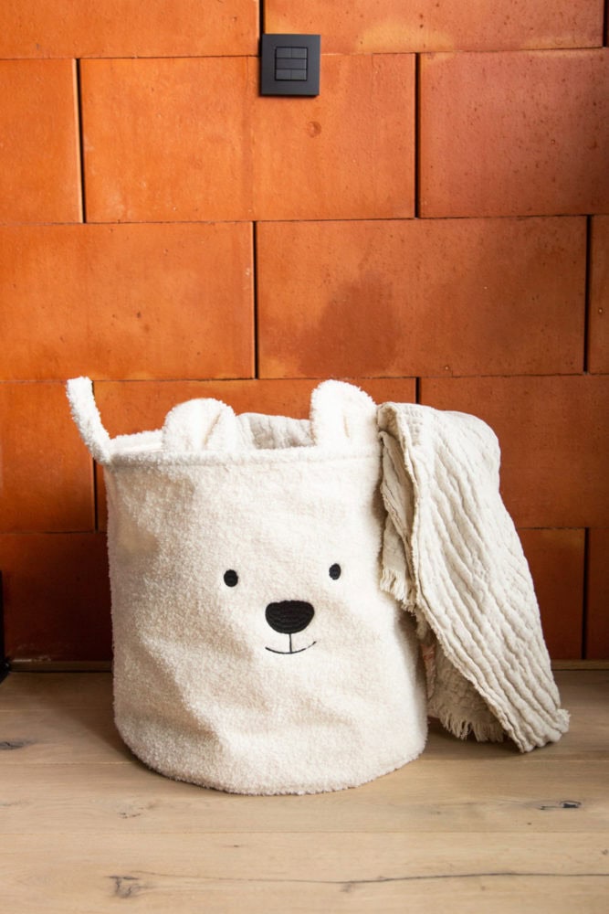 Pluszowy pojemnik na zabawki w kształcie misia w kolorze ecru z uszami i twarzą dla dziecka. Childhome Pluszowy pojemnik na zabawki 40 x 40 x 40 cm Teddy bear Off white
