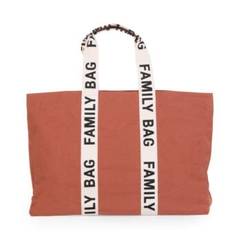 Torba dla mamy w kolorze terakoty z białymi uchwytami z napisem family bag. Childhome Torba Family Bag Signature Terracotta