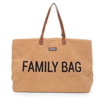 Torba dla mamy z materiału przypominającego plusz w kolorze beżowym z czarnym napisem family bag. Childhome Torba Family Bag Teddy Bear