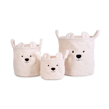 Zestaw 3 miękkich pojemników na zabawki w kształcie misia w kolorze ecru dla dziecka. Childhome Zestaw 3 koszy na zabawki Teddy Bear Off White