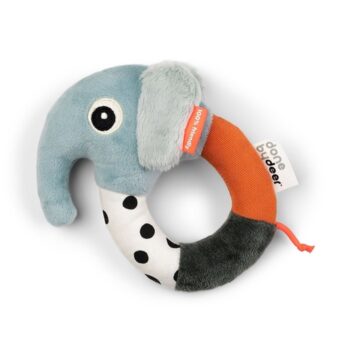 Miękka grzechotka sensoryczna w kształcie słonia niebiesko-pomarańczowa dla niemowlaka. Done by Deer Grzechotka Sensoryczna Ring Elphee Blue