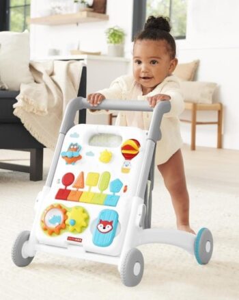 Biały chodzik pchacz z kolorowymi elementami edukacyjnymi dla niemowlaka i dziecka. Skip Hop Chodzik Explore & More Grow Along 4-in-1 Activity Walker