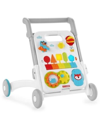 Biały chodzik pchacz z kolorowymi elementami edukacyjnymi dla dziecka. Skip Hop Chodzik Explore & More Grow Along 4-in-1 Activity Walker