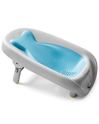 Wanienka dla niemowlaka z niebieskim wkładem i szarą ramą z podpórką. Moby Recline & Rinse Bather-Blue Blue