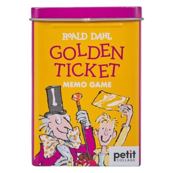 Gra memory z motywem Roalda Dahla złoty bilet pudełko metalowe kolor żółty i fioletowy dla dzieci. Petit Collage Gra Memory Roald Dahl Złoty Bilet