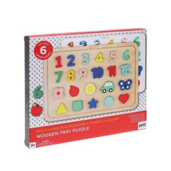 Drewniana układanka z cyframi i kształtami w różnych kolorach dla dzieci powyżej 3 lat. Petit Collage Puzzle Drewniane Numery Kształty Kolory