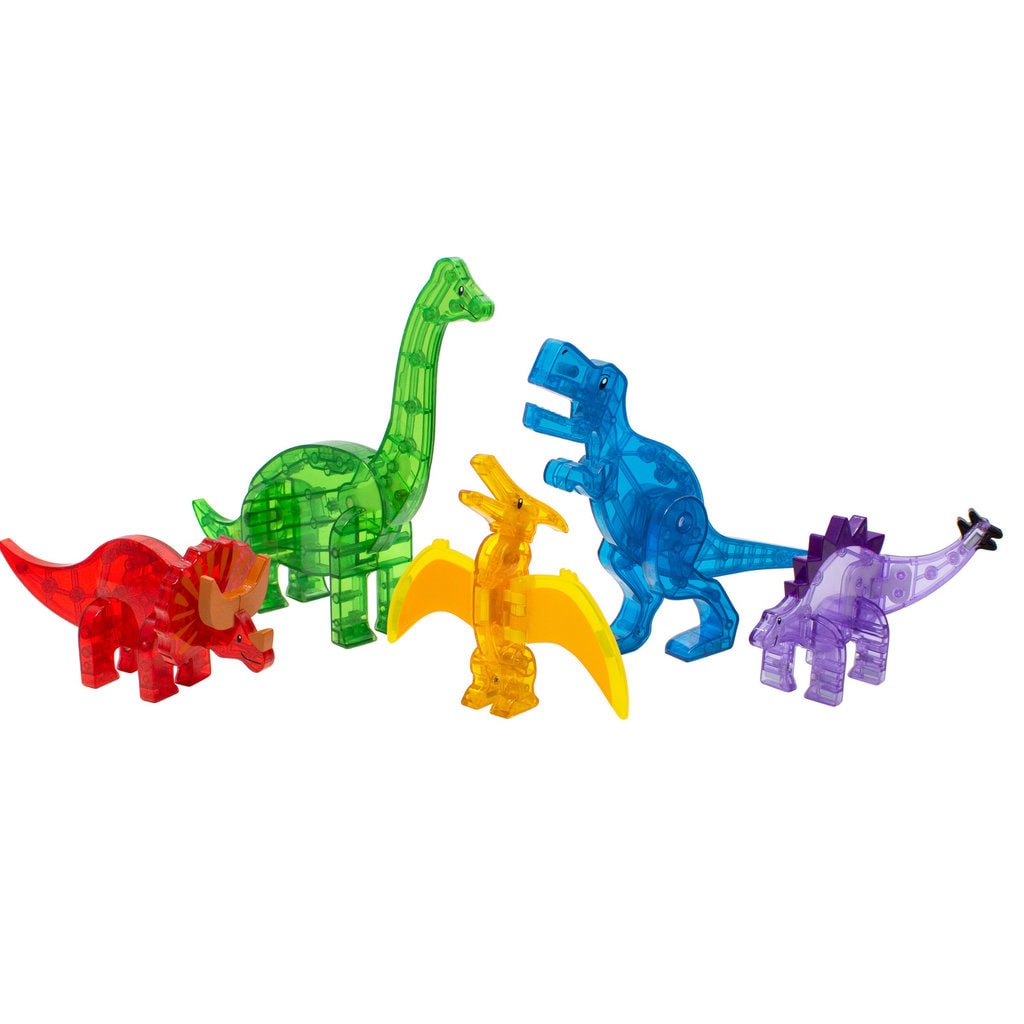 Klocki magnetyczne w kształcie dinozaurów w kolorach czerwonym zielonym żółtym niebieskim i fioletowym zestaw 5 elementów dla dzieci. Magna-Tiles Klocki Magnetyczne Zestaw Dino 5 el