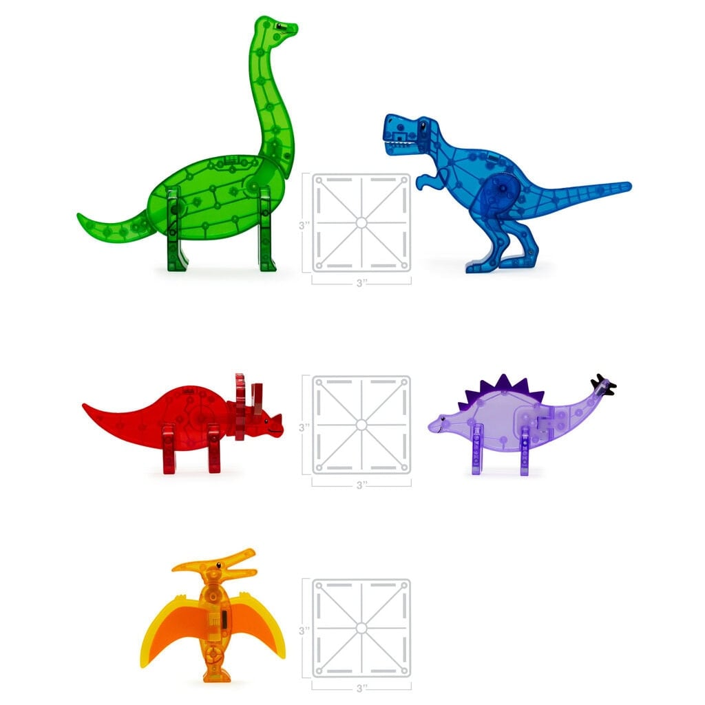 Pięć kolorowych klocków magnetycznych w kształcie dinozaurów i kwadratów dla dzieci. Magna-Tiles Klocki Magnetyczne Zestaw Dino 5 el