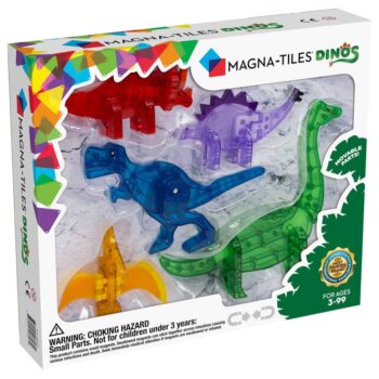 Zestaw pięciu kolorowych klocków magnetycznych w kształcie dinozaurów dla dzieci. Magna-Tiles Klocki Magnetyczne Zestaw Dino 5 el