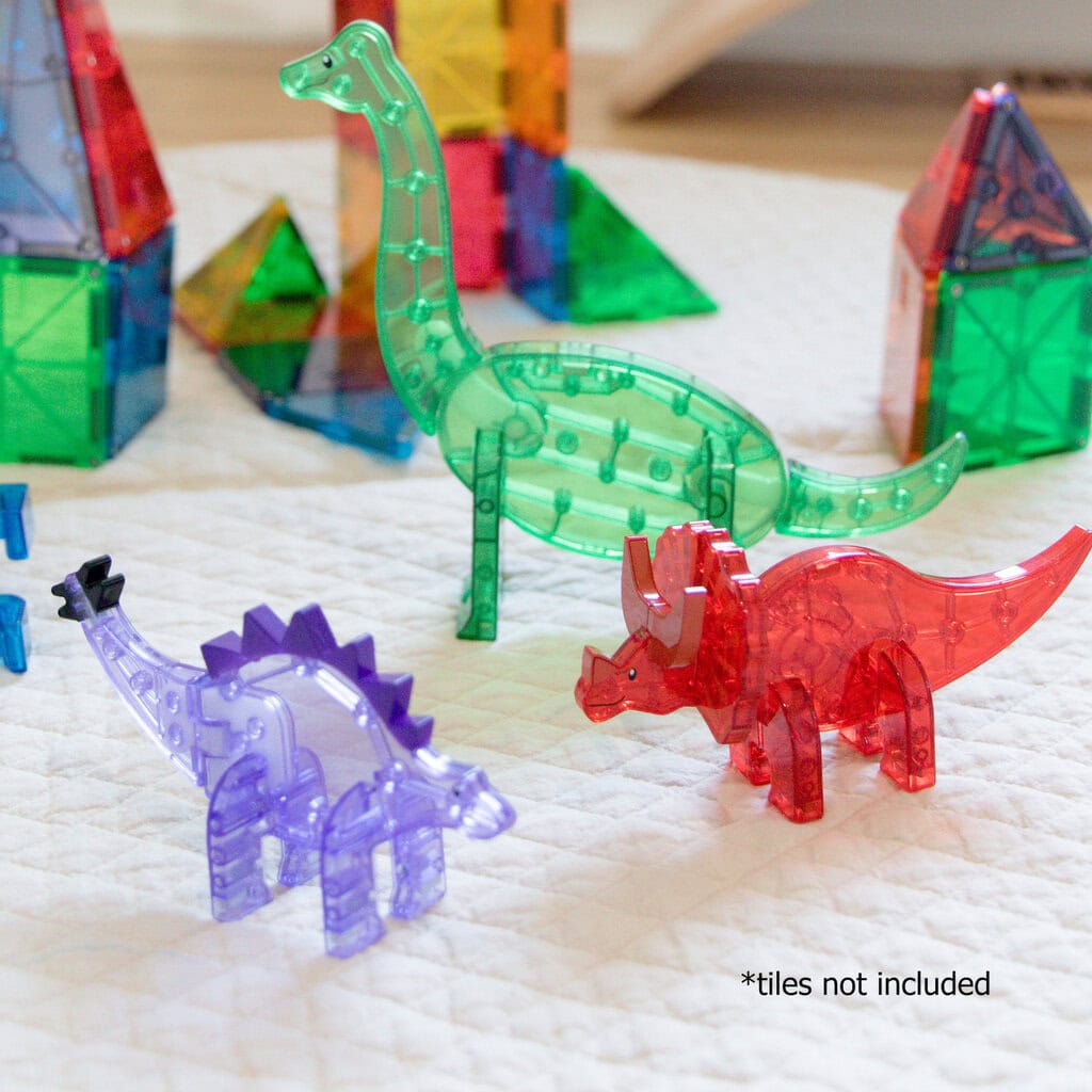 Przezroczyste kolorowe klocki magnetyczne w kształcie dinozaurów dla dzieci. Magna-Tiles Klocki Magnetyczne Zestaw Dino 5 el