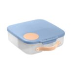 Śniadaniówka plastikowa z niebieską pokrywką i beżowym uchwytem dla dziecka. B.box Lunchbox, Feeling Peachy