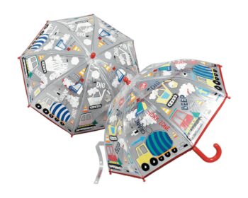 Przezroczysta parasolka przeciwdeszczowa dla dzieci z kolorowymi wzorami maszyn budowlanych i czerwonym uchwytem. Floss&Rock Na Budowie Magiczna Parasolka Zmieniająca Kolory