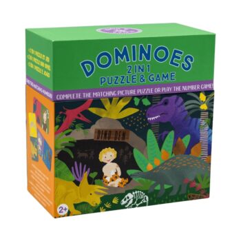 Zielone pudełko z grą domino i puzzlami z motywem dinozaurów dla dzieci powyżej 2 lat. Floss&Rock Dinozaury Gra Domino 2 w 1
