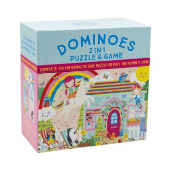 Pudełko z grą domino i puzzlami z kolorowymi wróżkami i tęczą dla dzieci powyżej 2 lat. Floss&Rock Tęczowe Wróżki Gra Domino 2 w 1