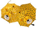 Żółta parasolka przeciwdeszczowa dla dziecka z motywem lamparta uszy i 3D elementy na czaszy zmieniająca kolory. Floss&Rock Leopard parasolka 3D Zmieniająca Kolory