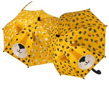 Żółta parasolka przeciwdeszczowa dla dziecka z motywem lamparta uszy i 3D elementy na czaszy zmieniająca kolory. Floss&Rock Leopard parasolka 3D Zmieniająca Kolory